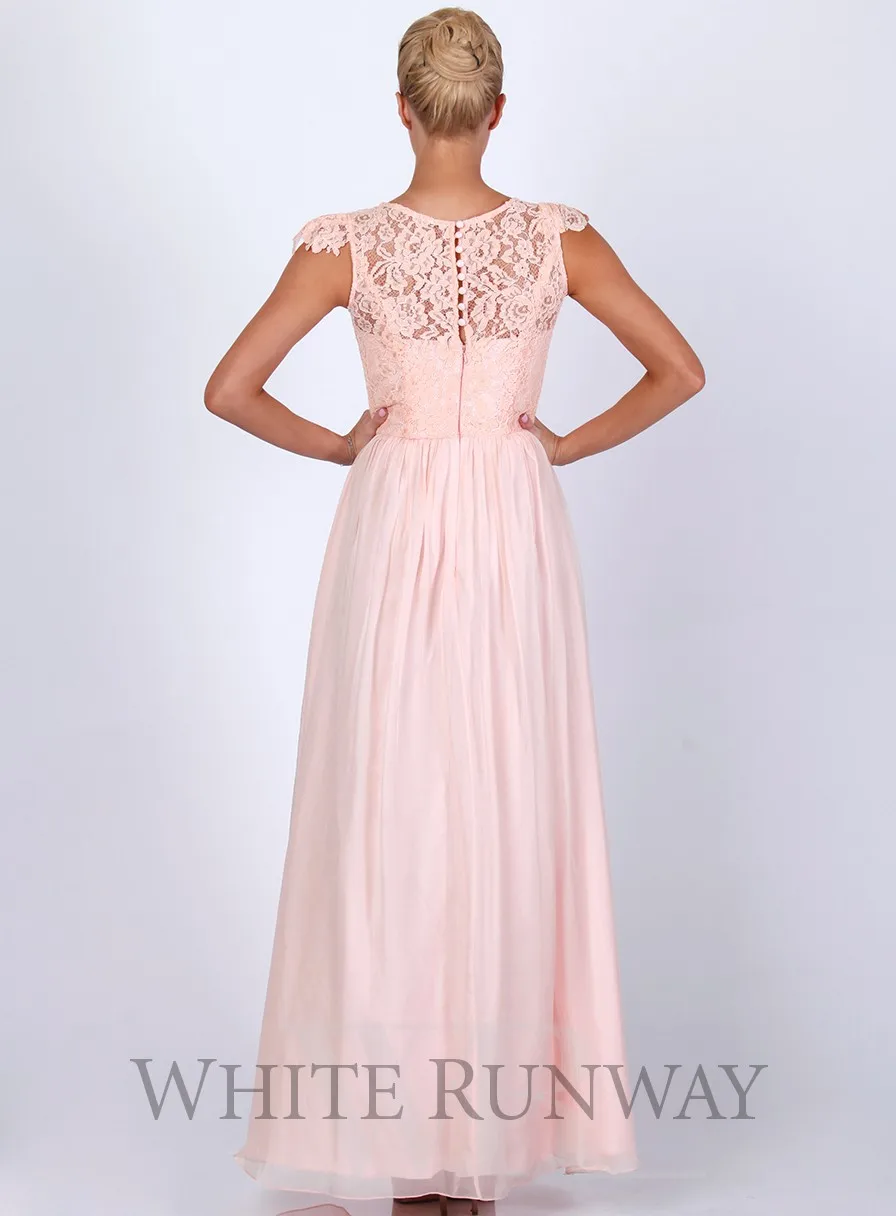 Pink Lace Scoop Sheer Cap Sleeve Long Prom Party Dresses Vestido De Festa Longo Bridemaid Dresses Chiffon MK-162 - Color: Pink
