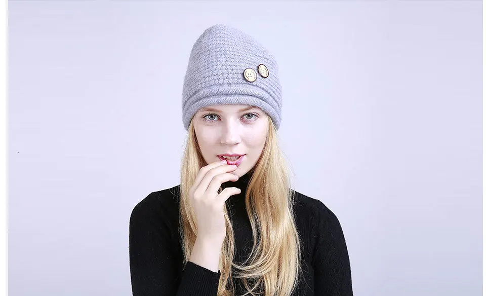 Новое поступление, плотная вязаная Шапочка, зимняя шапка Skullies, шапка s для женщин, одноцветная, на пуговицах, вязаная, теплая, модная, шерстяная