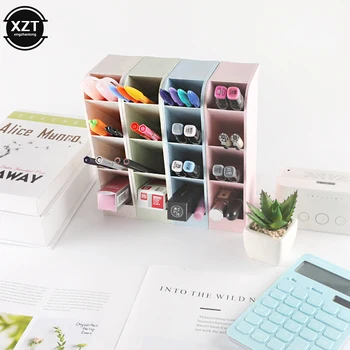 

Multi-function 4 Grid Desktop Pen Holder Office School Storage Case Clear Plastic Box Desk Wheat Straw Pen Pencil Organizer