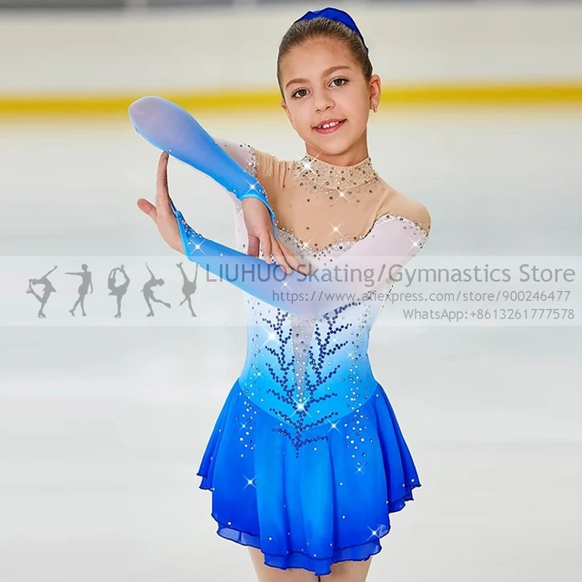  Vestido de patinaje artístico para mujer y niña, manga