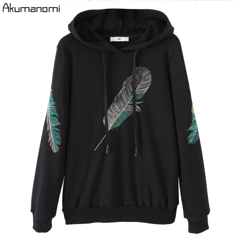 Осенне-весенние Хлопковые женские толстовки размера плюс 5xl 4xl-L черные повседневные пуловеры с капюшоном с длинным рукавом с перьями Топ Sudadera Top