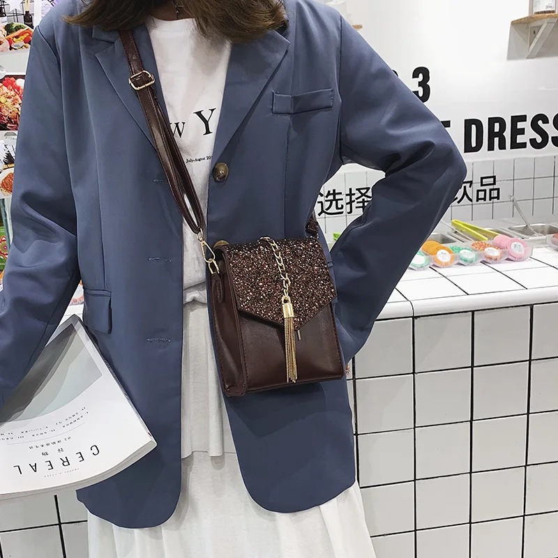 

Solid Color Tassels Pendant Square Sling Bag 2019 New Style Sequin Small Chain Shoulder Bag Women's Korean-style Mobile Phone Ba