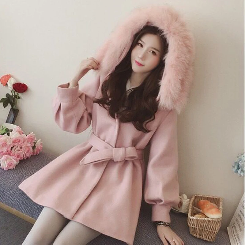Зимнее модное женское Шерстяное Пальто, длинное однотонное пальто с воротником из искусственного меха в Корейском стиле, популярная женская верхняя одежда