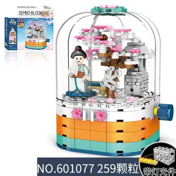 

601077 Cherry blossom season street view Flower Bush Building Blocks Advanced Model Transparent light rotating box toys children