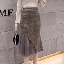 Клетчатая юбка, юбка, новая мода для женщин,, высокая талия, рыбий хвост, юбка средней длины, один шаг, юбка с запахом