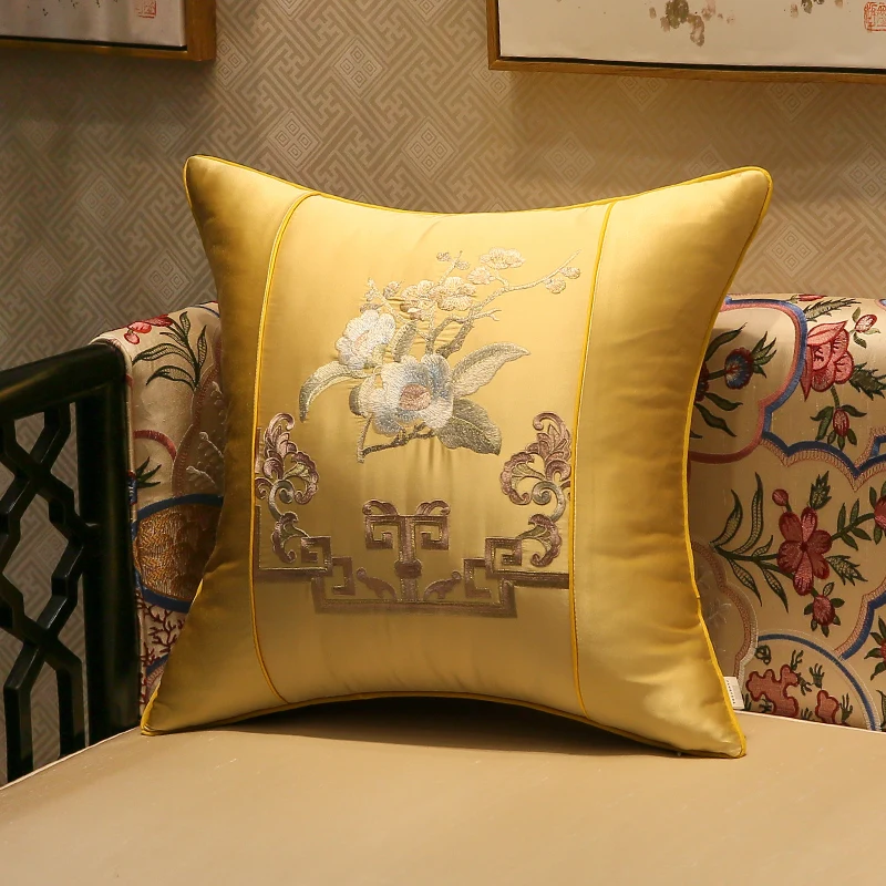 Классическая вышивка цветок наволочка Подушка сатиновая Подушка кресло-подушка/гостиная/автомобиль декоративная 45 см - Цвет: Light Yellow