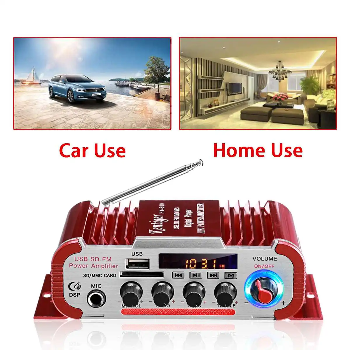 HY60 600W 12V/220V 2CH 자동차 HIFI 오디오 앰프 LCD 디스플레이 클래스 D 전력 Amplificador 라디오 자동차 홈 시끄러운 스피커 FM USB SD