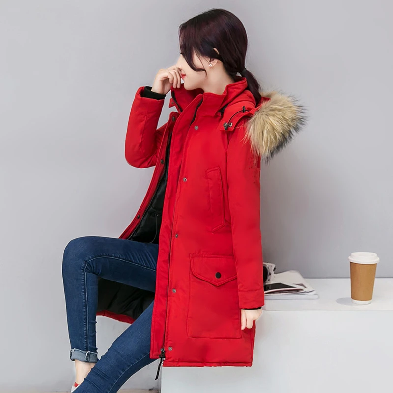 Модная парка женская зимняя куртка Осень корейский большой меховой воротник с капюшоном Длинная Куртка размера плюс тонкая теплая куртка с хлопковой подкладкой