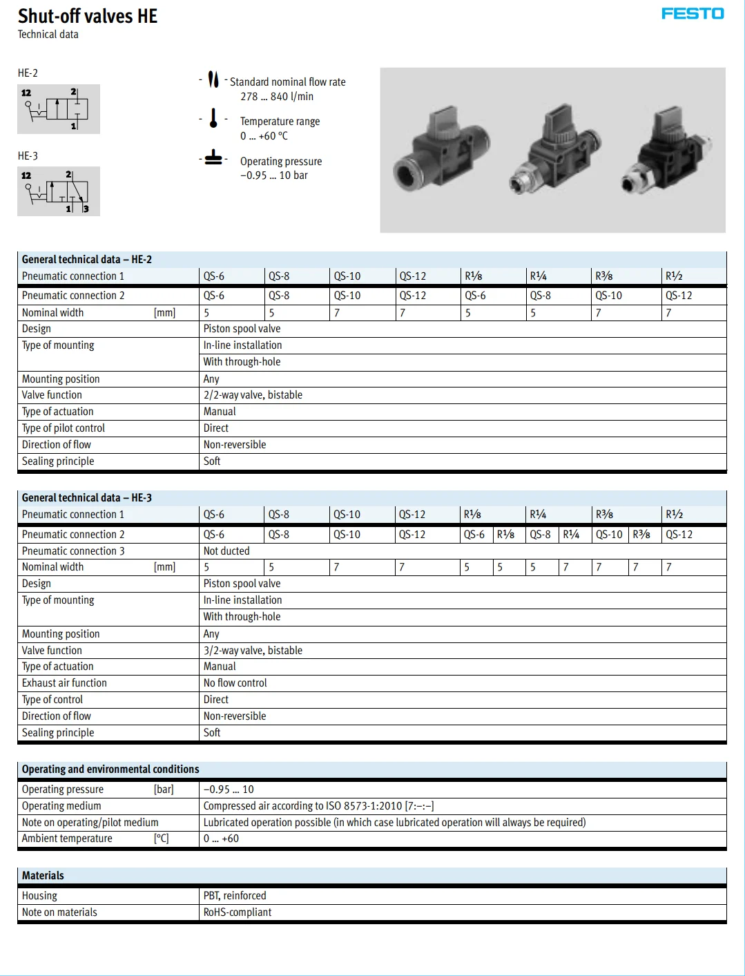 HE-2-QS-6 HE-2-QS-8 HE-2-QS-10 HE-2-QS-12 FESTO пневматические компоненты Отсечной клапан HE series