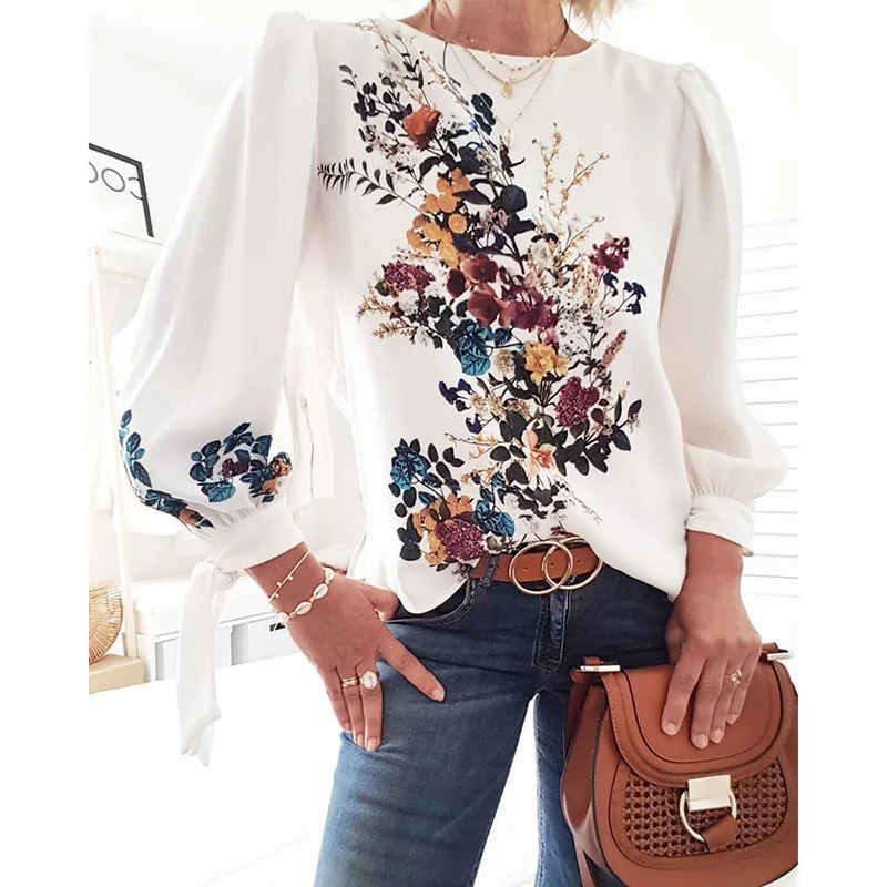

Women Flora Printed Long Sleeve Loose Style Pullover Blouse Chic Casual Spring Fall Fashion New Trends Top Shirt