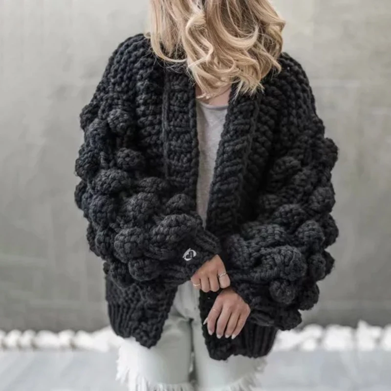 2019 Новая мода с пышными рукавами и v-образным вырезом теплый толстый кардиган