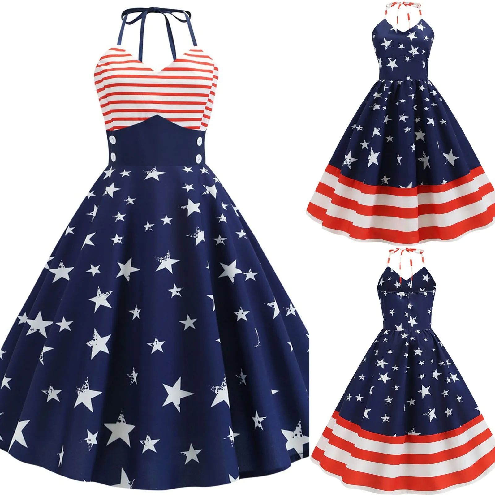 2021 Women's Sleeveless Independence Day Black Ribbon Waist Gathering Big Hem Dress Ladies halter neck and knee length Vestido 1