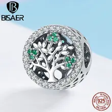 BISAER 925 пробы серебряная подвеска "Древо жизни" прозрачный зеленый CZ бисер Подходит для браслетов DIY Изготовление ювелирных изделий Серебро 925 ювелирные изделия ECC919