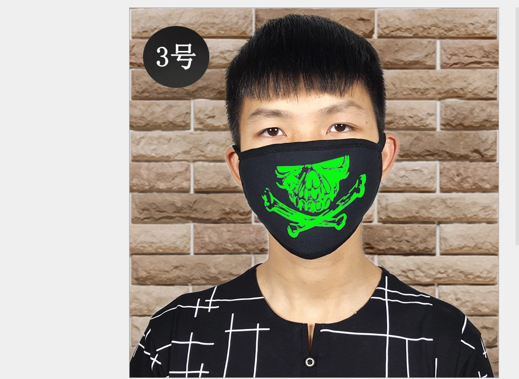 Newly Unisex Fashion Women Men Masks Fluorecent Mask14 Style Mask Cartoon Pattern Print Cotton Black Night glowing Mask
