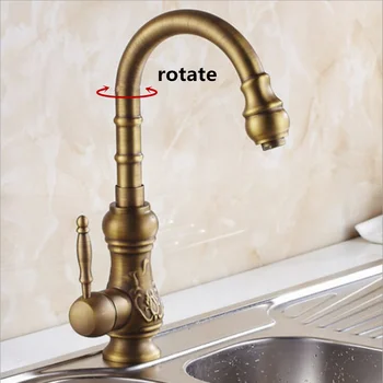 

European Brass Retro Engraving Pattern Kitchen Sink Faucet Hot And Cold Water Mixing Tap 360° Rotating Wash Basin Bibcock