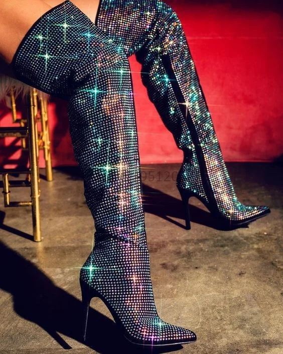 rhinestone diamond knee high boots
