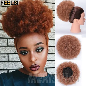 

8inch Short Afro Puff Synthetic Hair Bun Chignon Hairpiece For Women Drawstring Ponytail Kinky Curly Updo Clip Hair Extensions