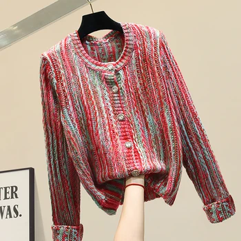 

2019 New Fall Winter Thicken Sweater Woman Knit Cardigan Coat Loose Hit Color Knitted Jacket Women Sweaters Girls Basic Knitwear