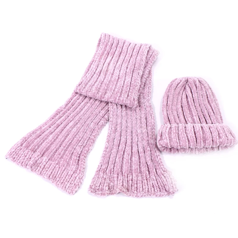 Winter Beanies Hat Scarf Set Kids Women Winter Chenille Knitted Hat Cute Casual Solid Color Skullies Beanies Scarf Two piece Set