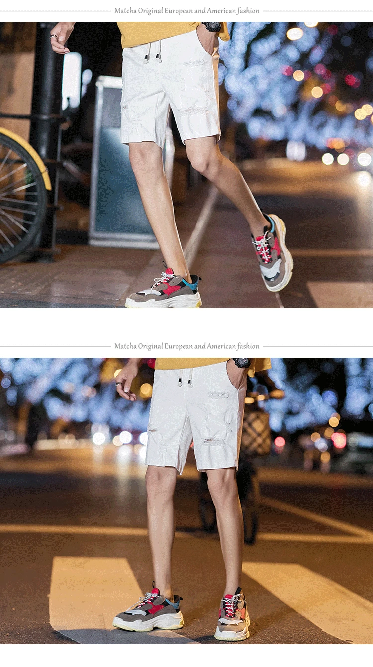 Men Cotton High Quality Elastic Waist Denim Shorts Summer Hole Large Size Denim Shorts Men Loose Fashion Casual Shorts