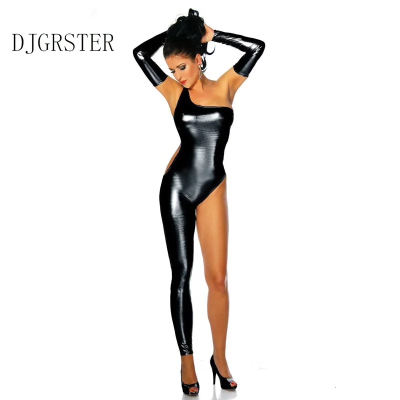 DJGRSTER, Женский костюм для танцев на шесте, латексное белье, сексуальный комбинезон из искусственной кожи, Черный боди, ПВХ, с мокром эффектом, бандажный полукомбинезон