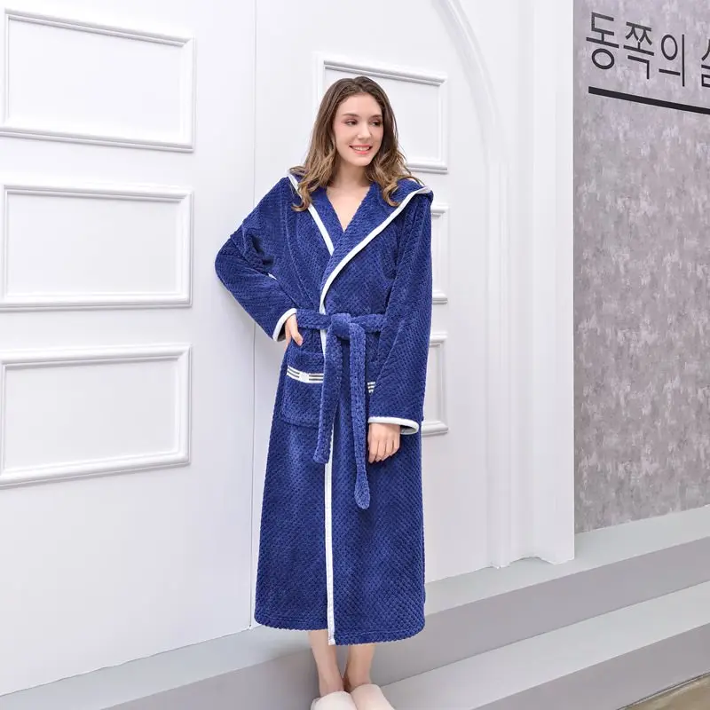 Navy Blue - W Серый толстый теплый халат Женское Коралловое кимоно из рунной шерсти для влюбленных парная ночная рубашка женское банное платье Ночное белье для мужчин большие ночные M-XXL - Цвет: Navy Blue - W