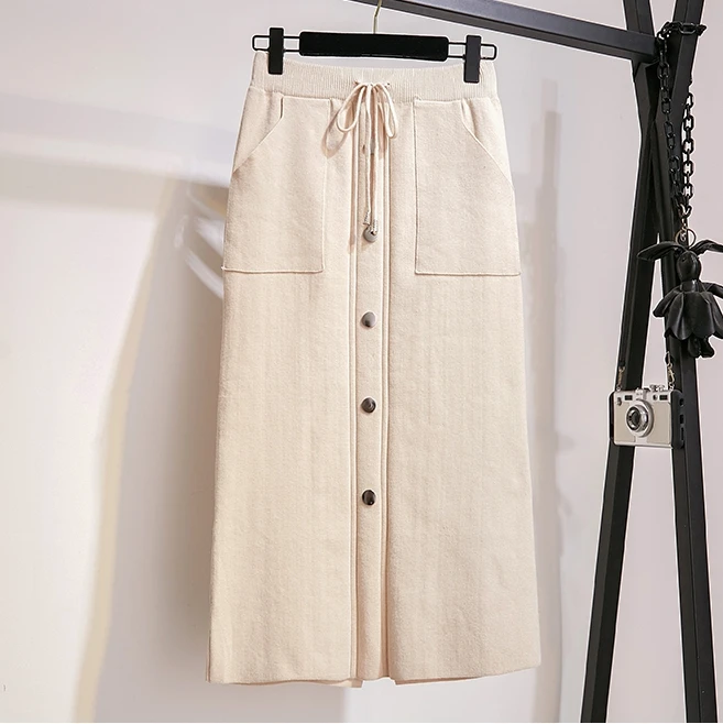 Beige Winter Autumn Skirts Womens Knitting Wool Straight Long Skirt High Waist Elastic Drawsting Pockets Saia Midi Skirts - Цвет: Beige