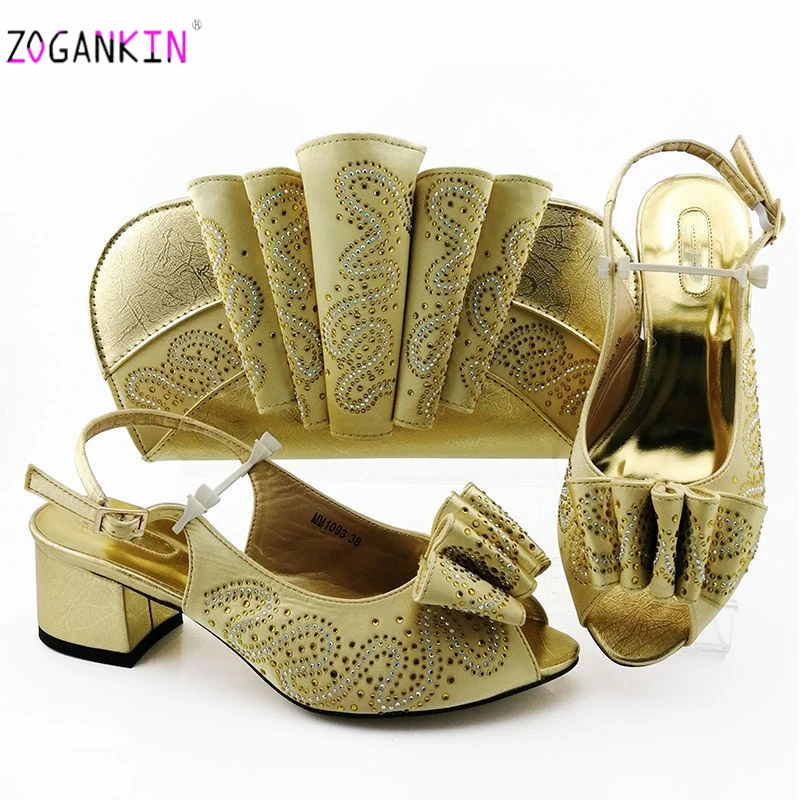 

Fashion Women Golden Color Sandals And Bag Set To Match 5.8 cm High Quality Italian Shoes With Matching Bags For Wedding Party