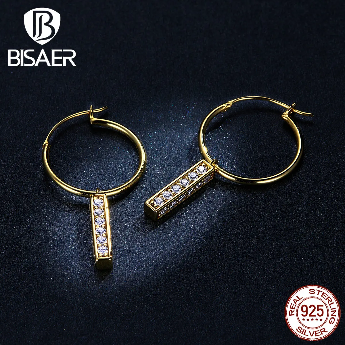 Простые серьги BISAER, 925 пробы, серебро, геометрический брусок, кубический циркон, серьги-гвоздики для женщин, роскошные серебряные ювелирные изделия EFE296