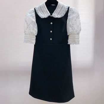 

Sweet Girl's Dress with Peter Pan Collar Half Puff Sleeve Vintage Fashion Skirt