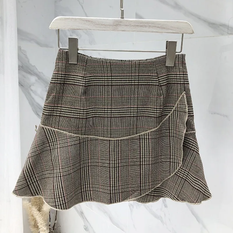 skirts Винтажный английский стиль, Женский повседневный комплект из 2 предметов, клетчатая юбка, костюмы, двубортный блейзер с воротником, короткие юбки с оборками, уличная одежда - Цвет: skirts