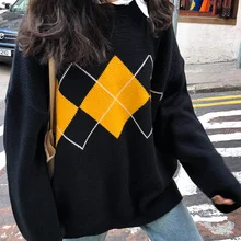 Stile coreano Collegio Autunno Inverno Disegno Geometrico Argyle Pullover Sciolti di Grandi Dimensioni O-Collo Lavorato A Maglia Maglie E Maglioni Donna Maglione Mujer