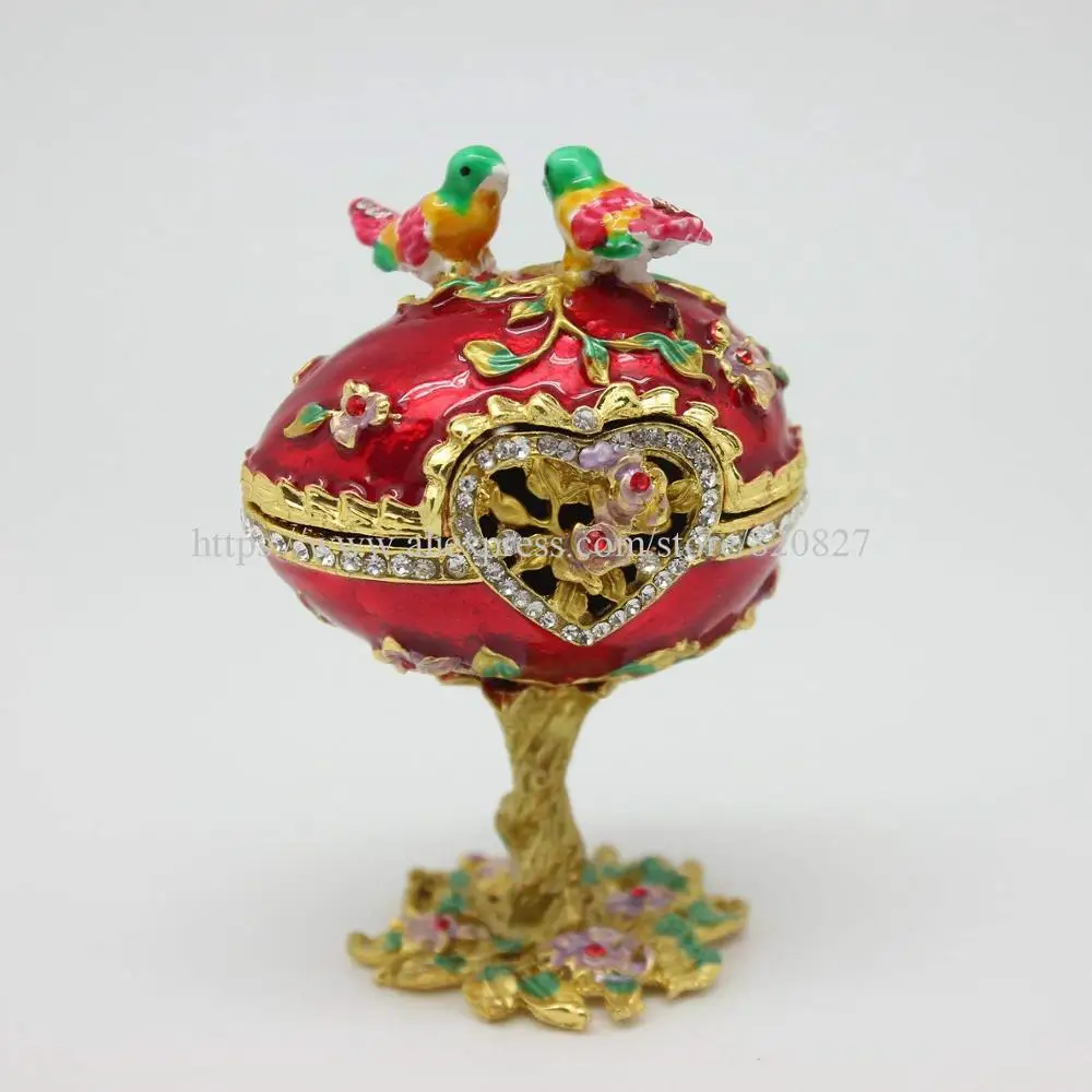 Vintage Style Hand Painted Love Bird Faberge Egg Rhinestone Jewerly Trinket Box