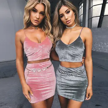 

2Pcs Fashion Summer Women Sexy Sleeveless Spaghtti Strap V-neck Crop Tops & Bodycon Velvet Pencil Mini Skirts Cocktail Party Set