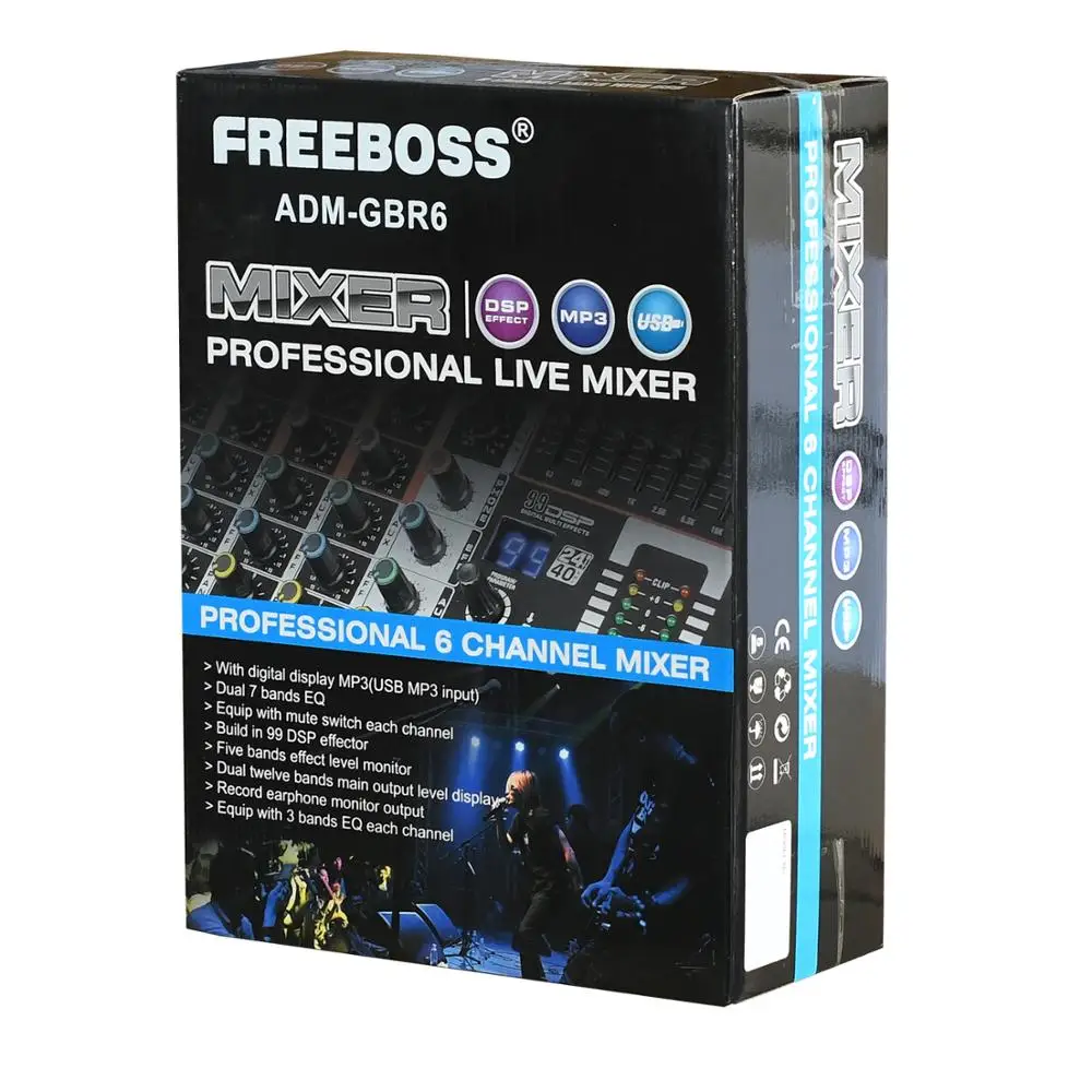 Freeboss 99DSP 6 Channels Audio Power Mixer USB PC Recording Bluetooth Karaoke 48V Phantom DJ Mixing Console Table ADM-GBR6