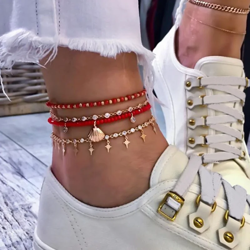 Docona Boho Shell Star Crsytal подвески-талисманы для ножного браслета набор для женщин девушка красные бусинки многоярусный ножной браслет бижутерия для ног 8528
