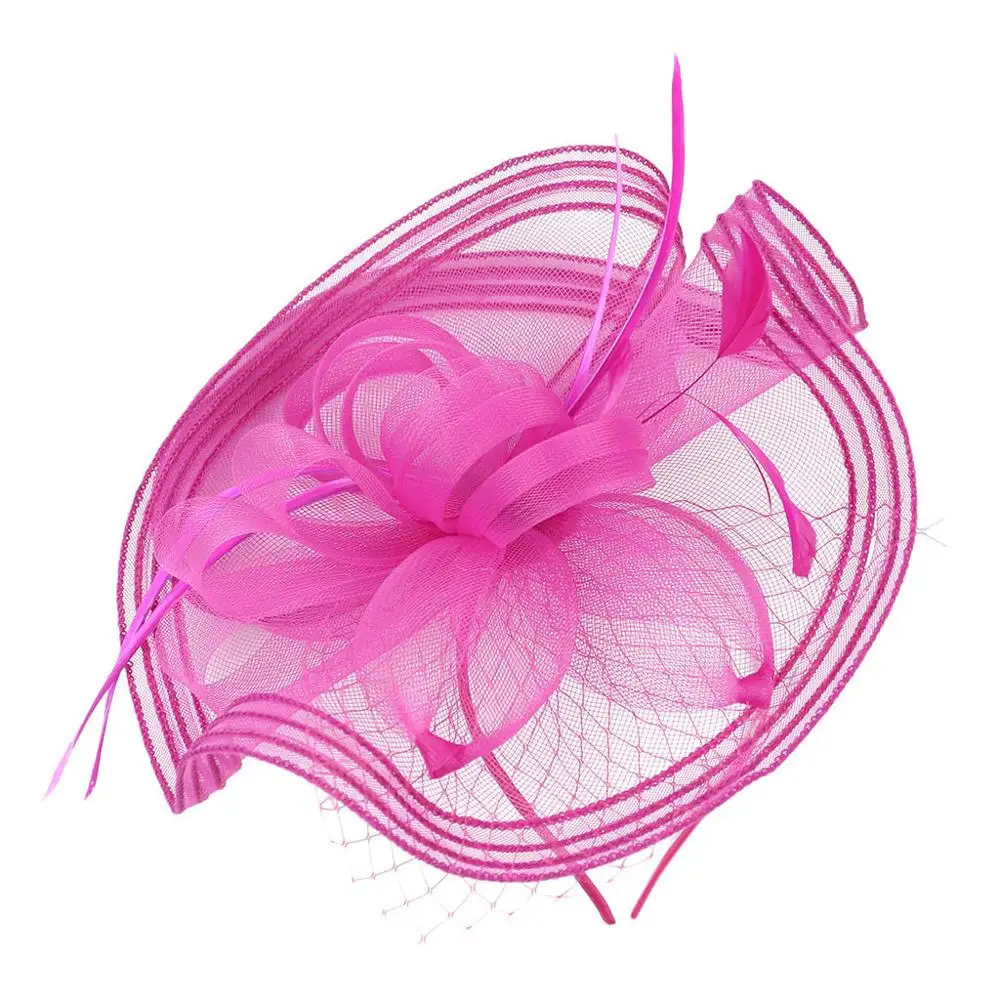 Hot Pink Новые Большие женские элегантные головные уборы на ремешке с цветком и перьями, вечерние головные уборы, заколки для волос, головные уборы, аксессуары для официальных вечеринок, аксессуары для волос - Цвет: Hot Pink