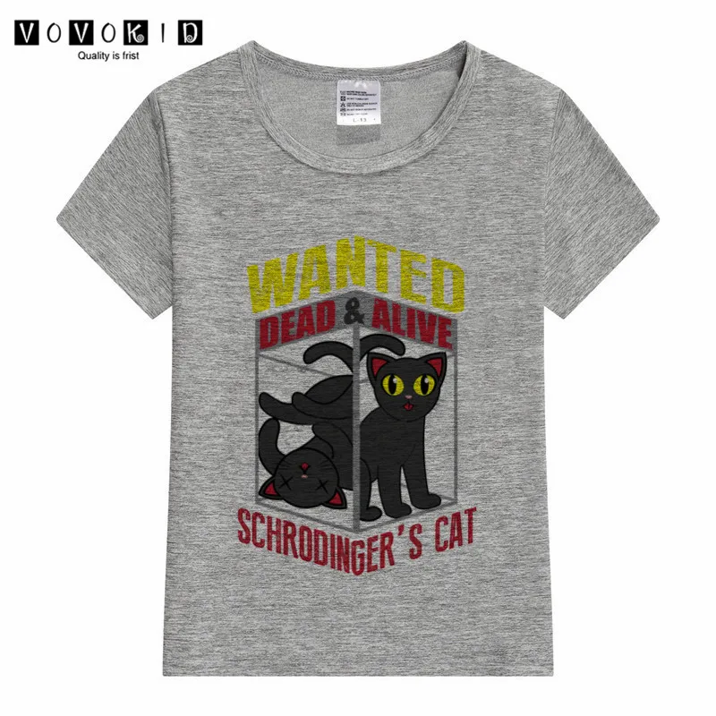 Футболка с принтом кошки для маленьких девочек и мальчиков, Schrodinger детская забавная футболка с рисунком манады Топ розового, серого и белого цветов для маленьких девочек - Цвет: P1748K-Grey