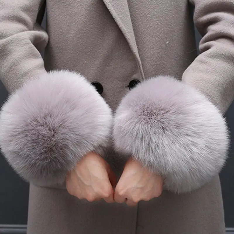 Faux Rabbit Fur Thicken Women Winter Warm Wrist Gloves Fake Cuff Oversleeve Arm 449F
