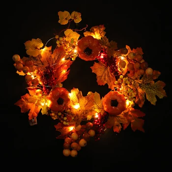 

Simulation Pumpkin Artificial Leaf Wreath Autumn Color Maple Leaf Garland Christmas Festival Decor Wreath Fall Door YES/nO Light