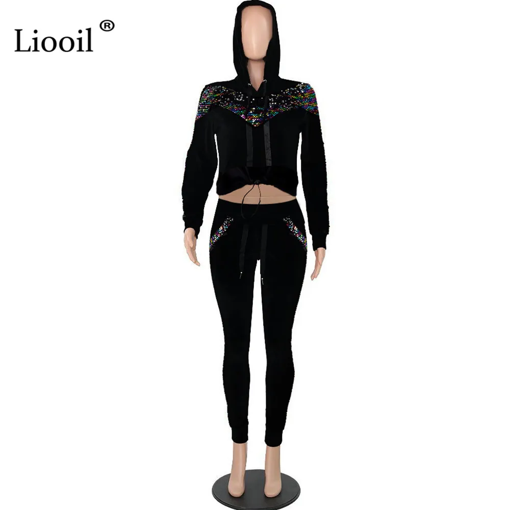 Liooil комплект из двух предметов с блестками, бархатные сексуальные комбинезоны для женщин, вечерние комбинезоны с длинным рукавом и капюшоном, черный комбинезон