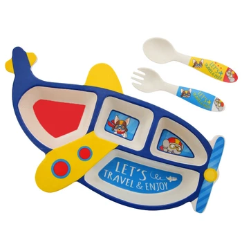 

3Pcs/Set Bamboo Fiber Children's Plate Aircraft Shape Grid Bowl Eating Fork Spoon Set Baby Feeding Tableware Kids Tableware Set