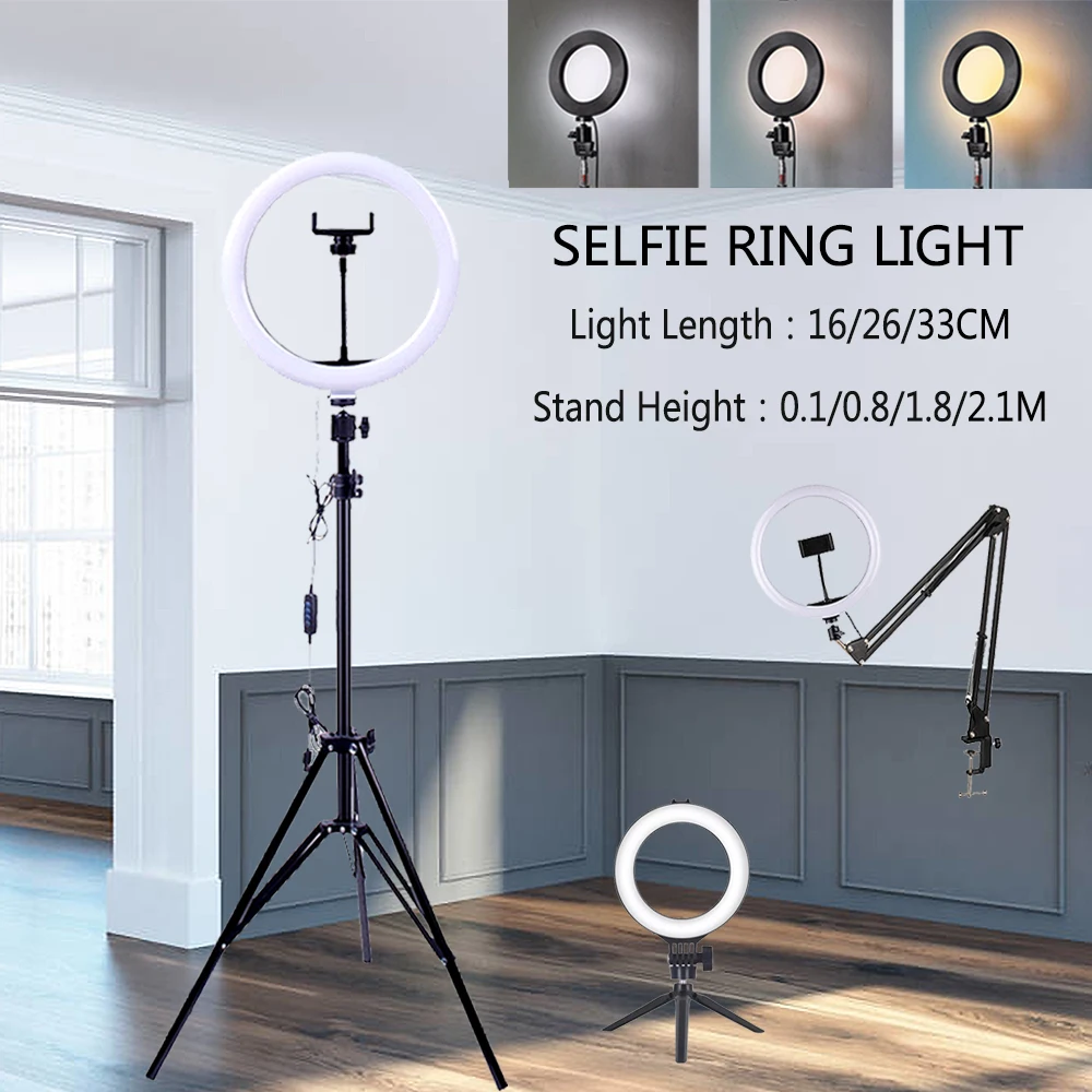 

Dimmable LED Selfie Ring Light USB Selfie Light Ring Lamp Big Photography Ringlight 26cm With Stand For Phone Studio
