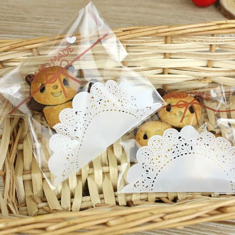 

100Pcs/set Lovely Lace Bow Print Gifts Christmas Cookie Packaging Self-adhesive Plastic Bags For Biscuits Candy