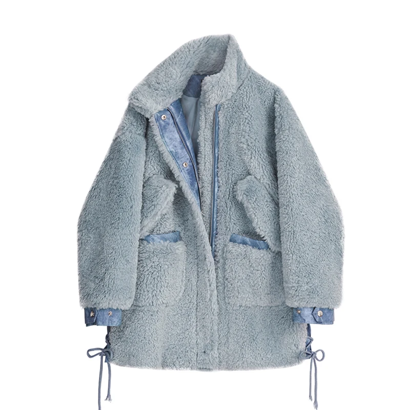 [EAM] Свободная теплая куртка из овечьей шерсти, большой размер, новинка, стоячий воротник, длинный рукав, Женское пальто, модное, Осень-зима, 1K950 - Цвет: blue