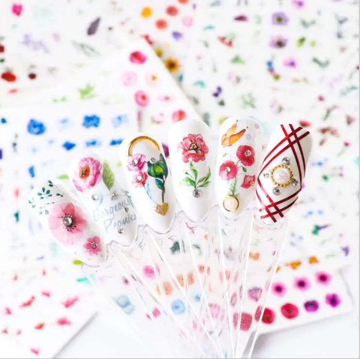 

24Pcs Mixed Design New Nail Art Flower Sticker Watercolor Ink Flower Butterfly Nail Sticker Nail Art Water Transfer Decal Decor