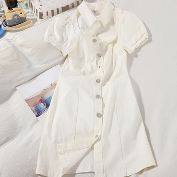 

Fashion Elegant Denim Dress Women Korean Puff Sleeve Summer Bodycon Dress Single-breasted Ladies Preppy Style Dress