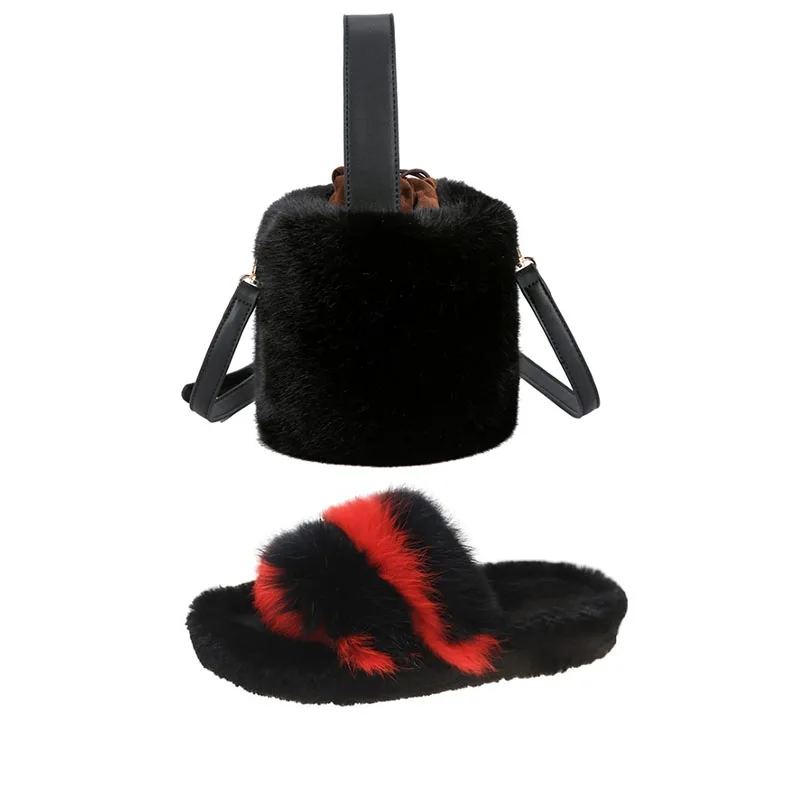 

Fashion Woman Autumn Spring Furry Slippers and Purses Bag Set Cute Fuzzy Comfortable Soft Slides Purse Sandals Ladies Flip Flops