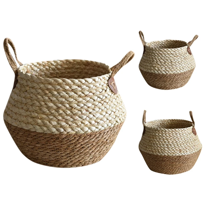 Foldable Seagrass Belly Woven Basket Flower Plant Pots Hot Bag Storage S5H8 
