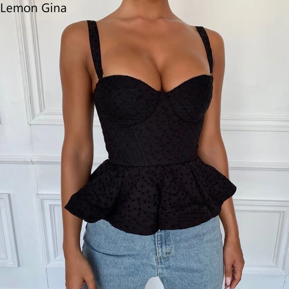 

Lemon Gina Ruffles Spaghetti Strap Plunging Neck Sexy Tops & Tees Women Backless Summer Tops Female Elegant Black Shirt Crop Top